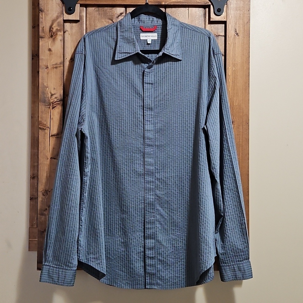Emporio Armani Vintage Grey Stripe Cotton Blend Italian Dress Shirt Size XL